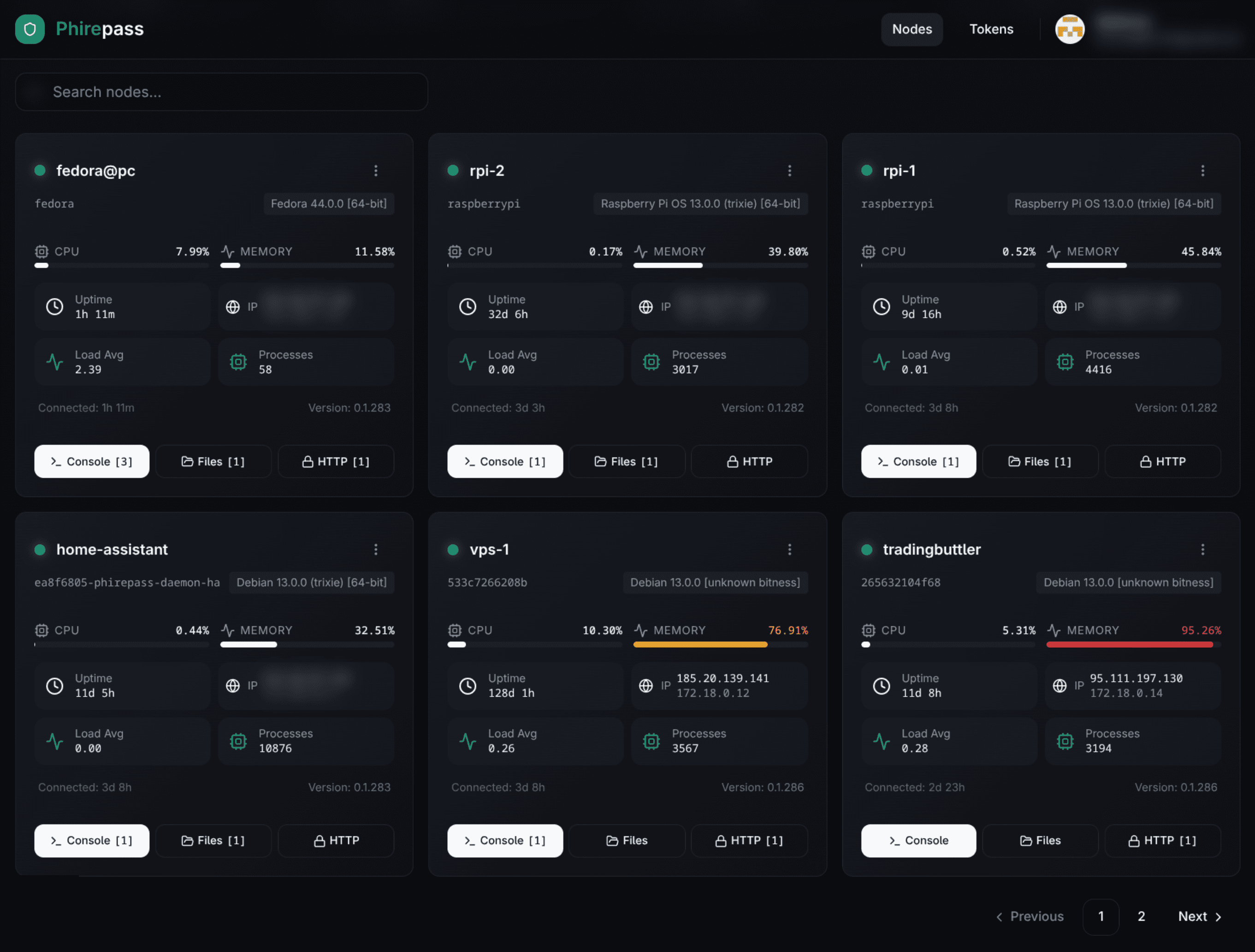 Phirepass dashboard showing a fleet of connected nodes with live CPU, memory, and uptime stats
