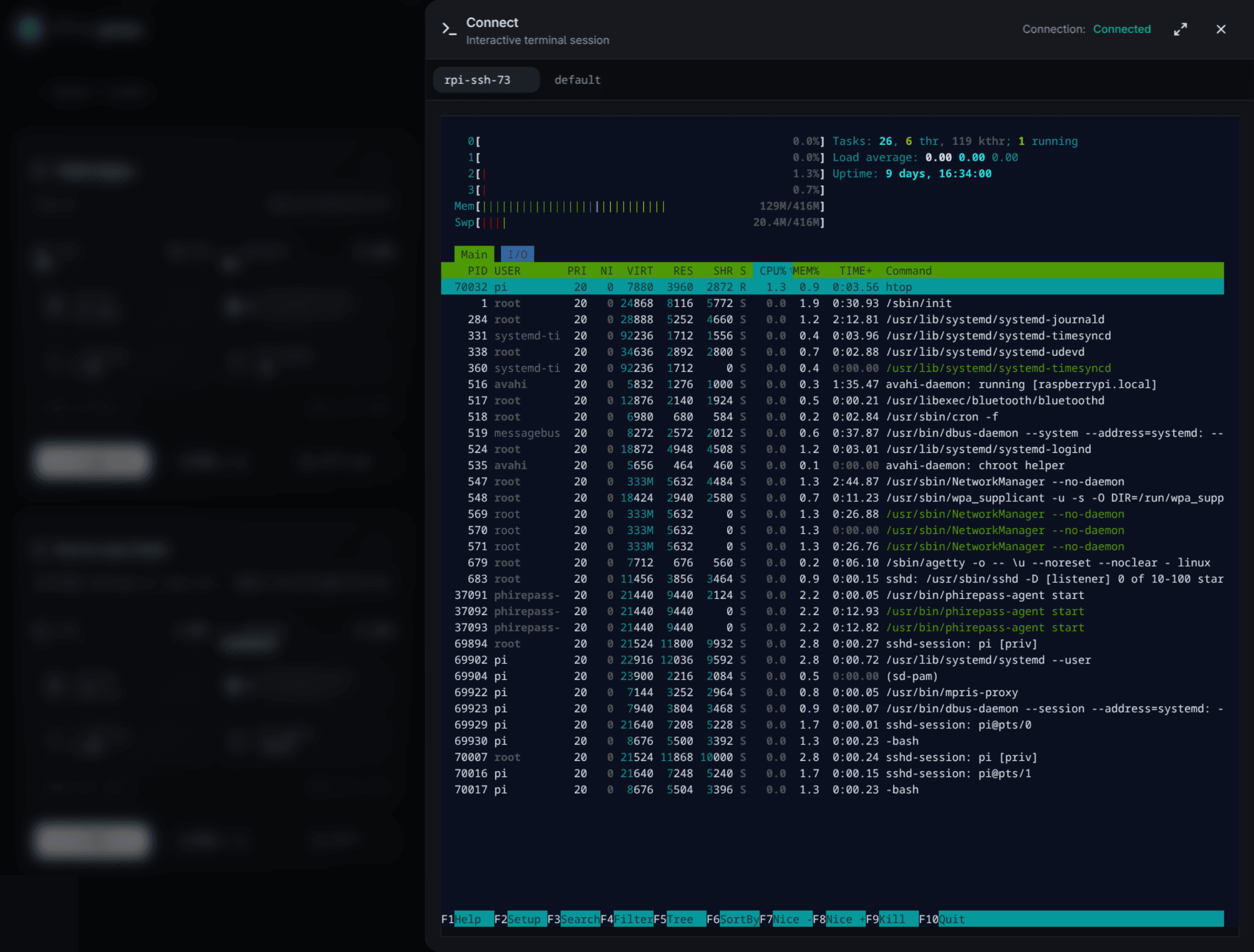 Full SSH terminal session running htop, streamed live in the browser